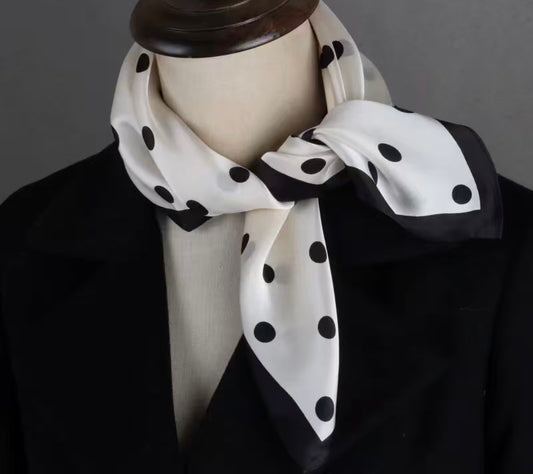100% Mulberry Silk Polka Dot Scarf 53x53cm - Black & White French Style Square Bandana