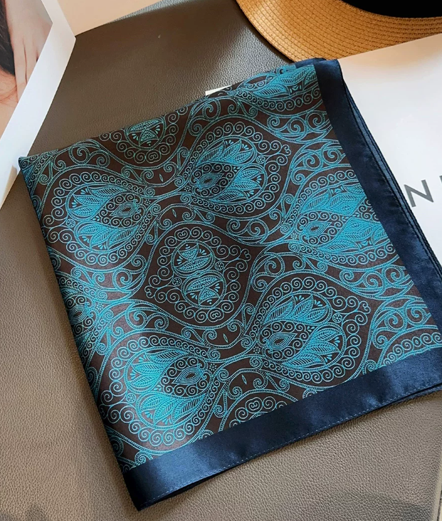 Dark Teal Printed 53x53cm Mulberry Silk Square Bandana Scarf