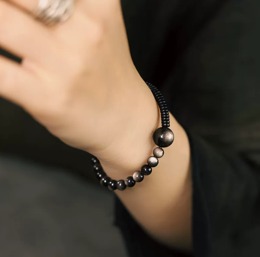 Silver Sheen Obsidian & Black Sandalwood Minimalist Beaded Bracelet - Grounding & Protection