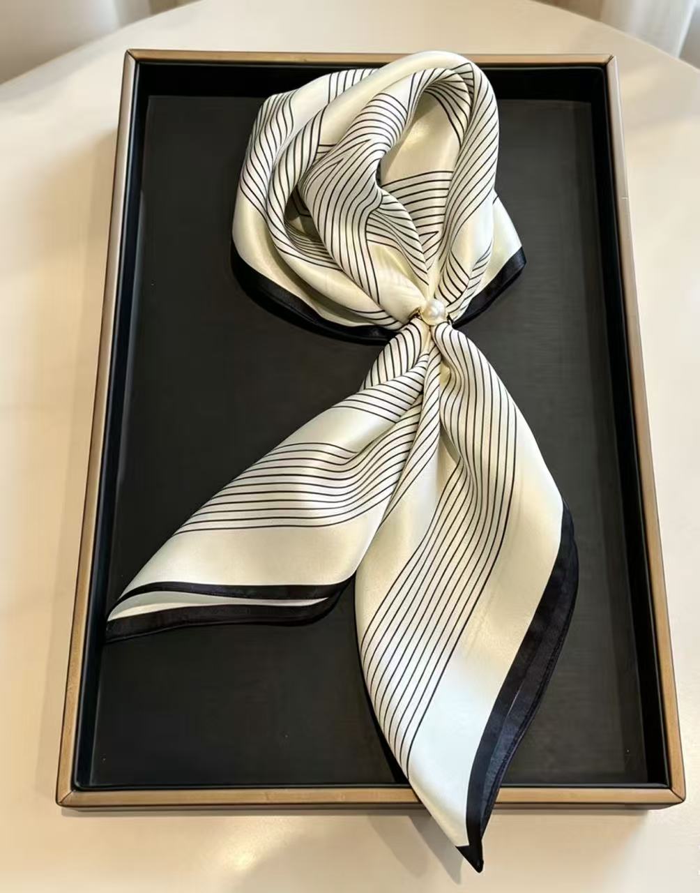 Letter N Monogram Silk Scarf | Minimal Black & White Stripes