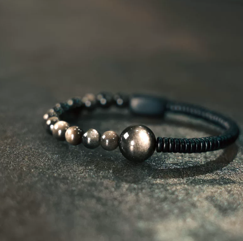 Silver Sheen Obsidian & Black Sandalwood Minimalist Beaded Bracelet - Grounding & Protection
