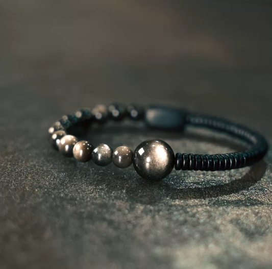 Silver Sheen Obsidian & Black Sandalwood Minimalist Beaded Bracelet - Grounding & Protection