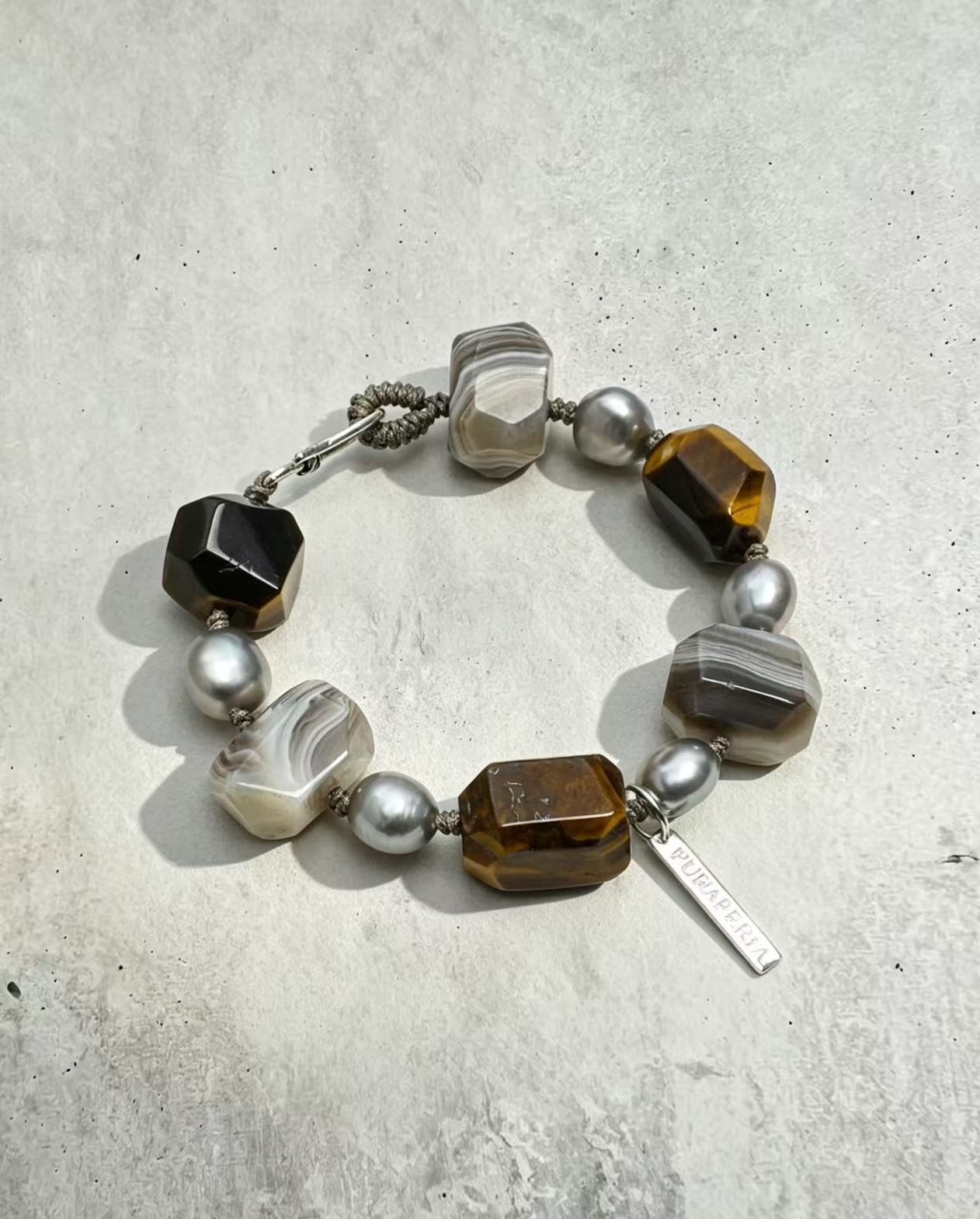 Faceted Golden Tiger Eye & Persian Agate Bracelet with Grey Baroque Pearls, Thai Silver Clasp & Sterling Silver Logo Tag
