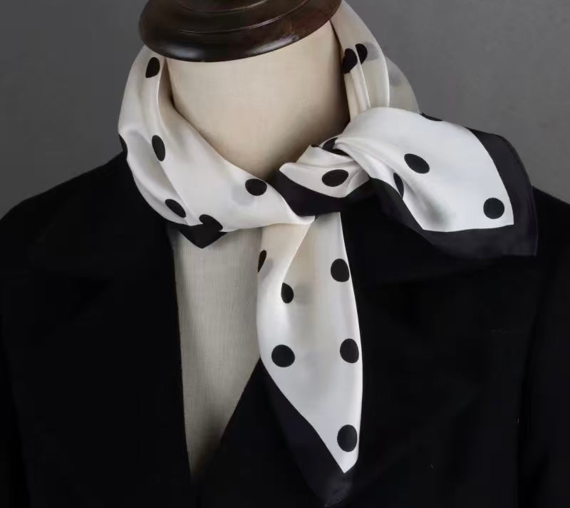 100% Mulberry Silk Polka Dot Scarf 53x53cm - Black & White French Style Square Bandana