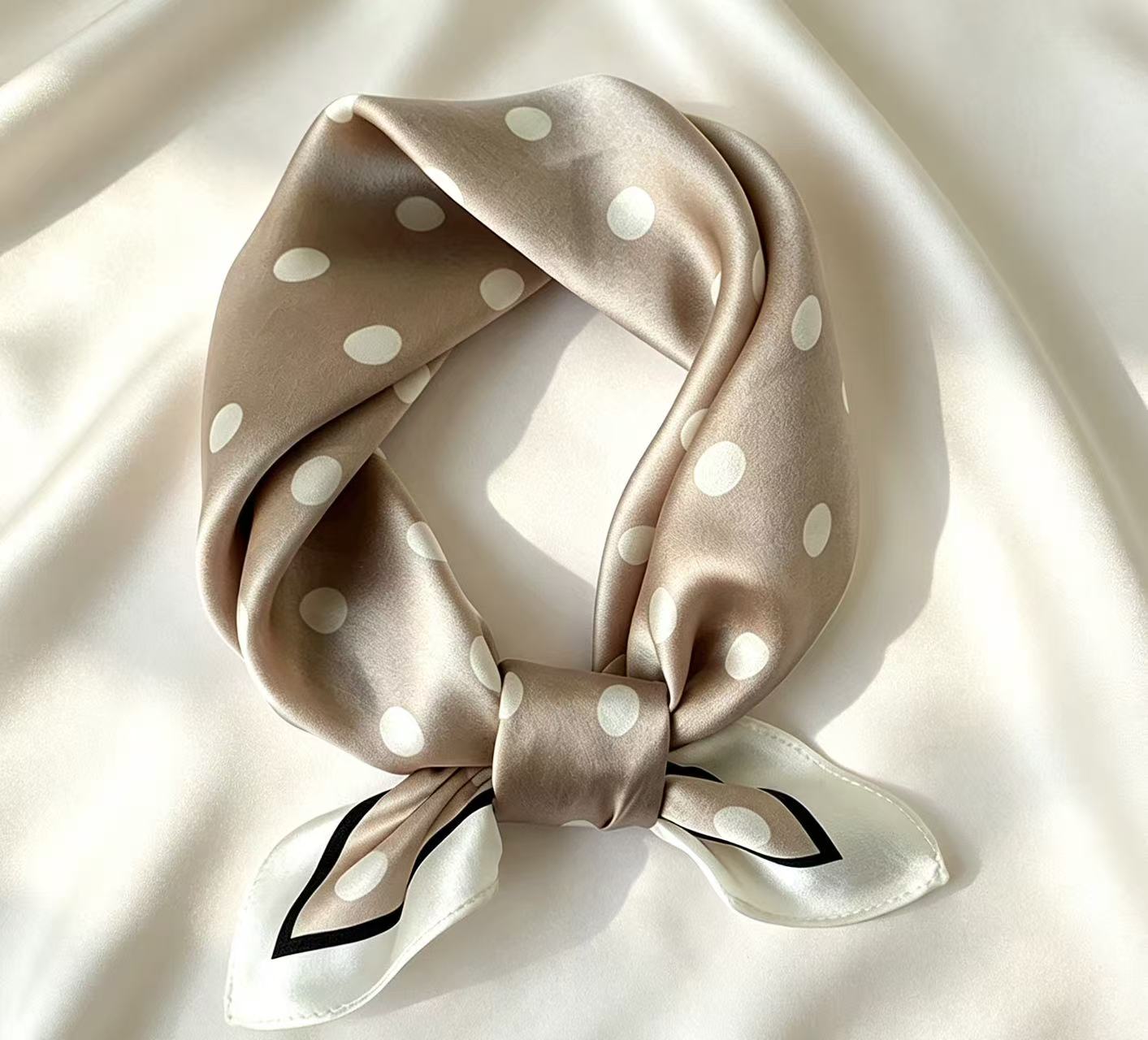 Beige Polka Dot Silk Scarf | 100% Mulberry Silk