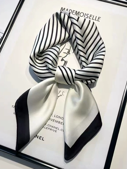 Black & White Striped Silk Scarf - 100% Pure Mulberry Silk Square Scarf