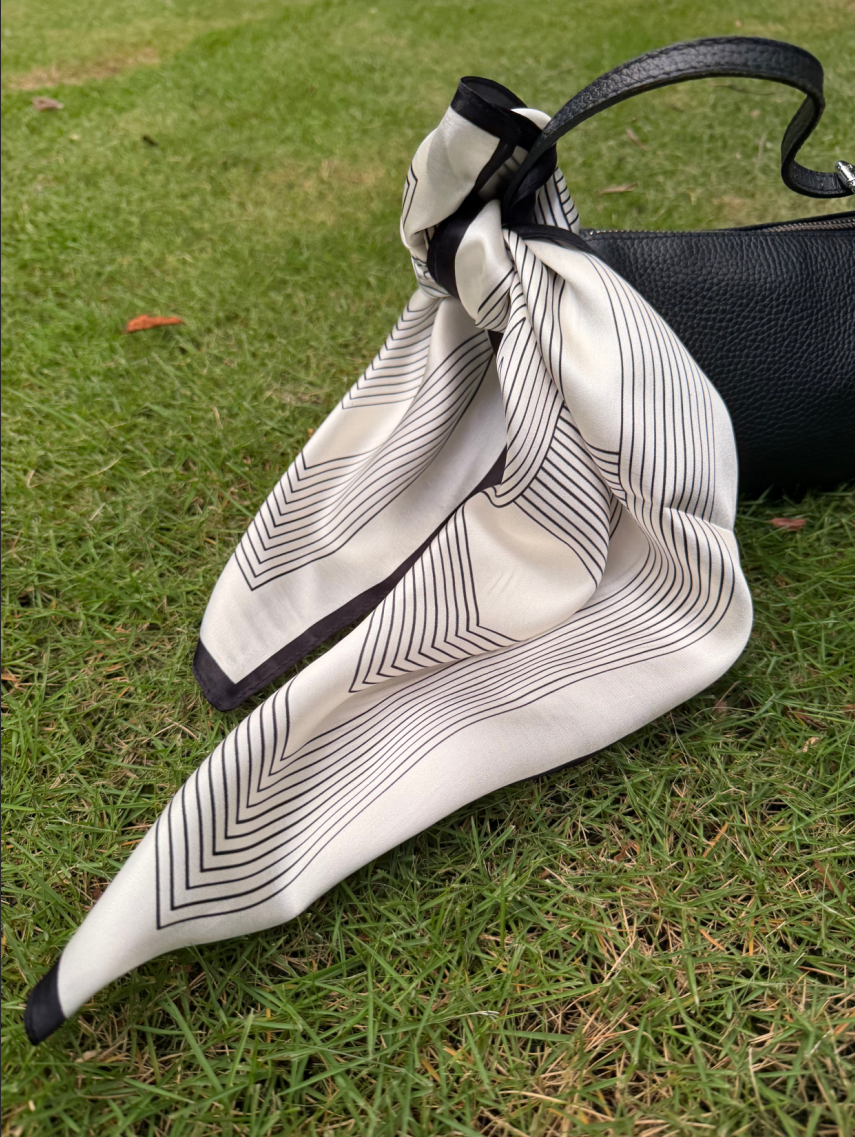 Letter N Monogram Silk Scarf | Minimal Black & White Stripes