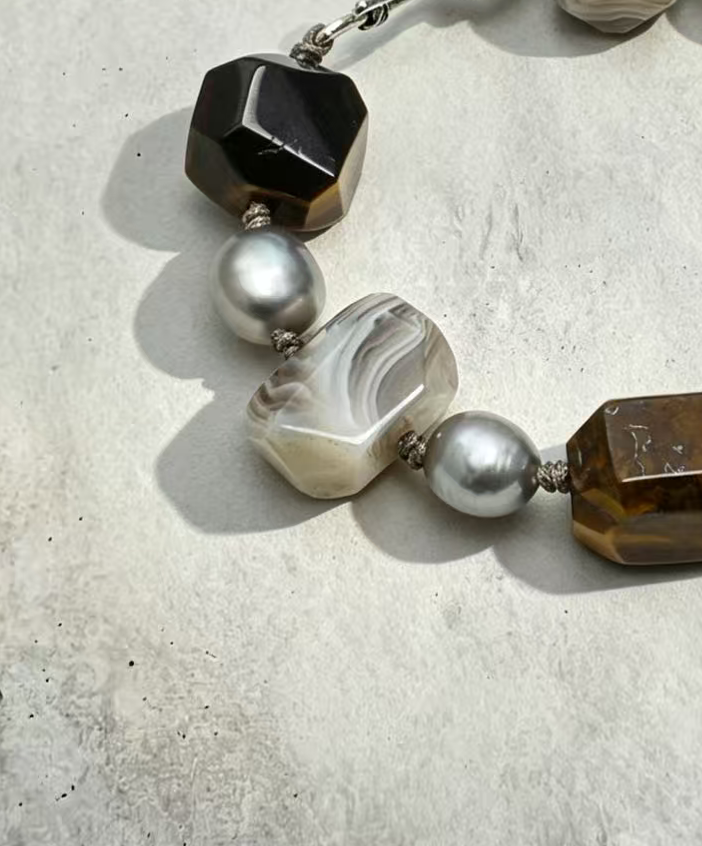 Faceted Golden Tiger Eye & Persian Agate Bracelet with Grey Baroque Pearls, Thai Silver Clasp & Sterling Silver Logo Tag