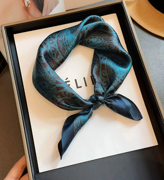 Dark Teal Printed 53x53cm Mulberry Silk Square Bandana Scarf