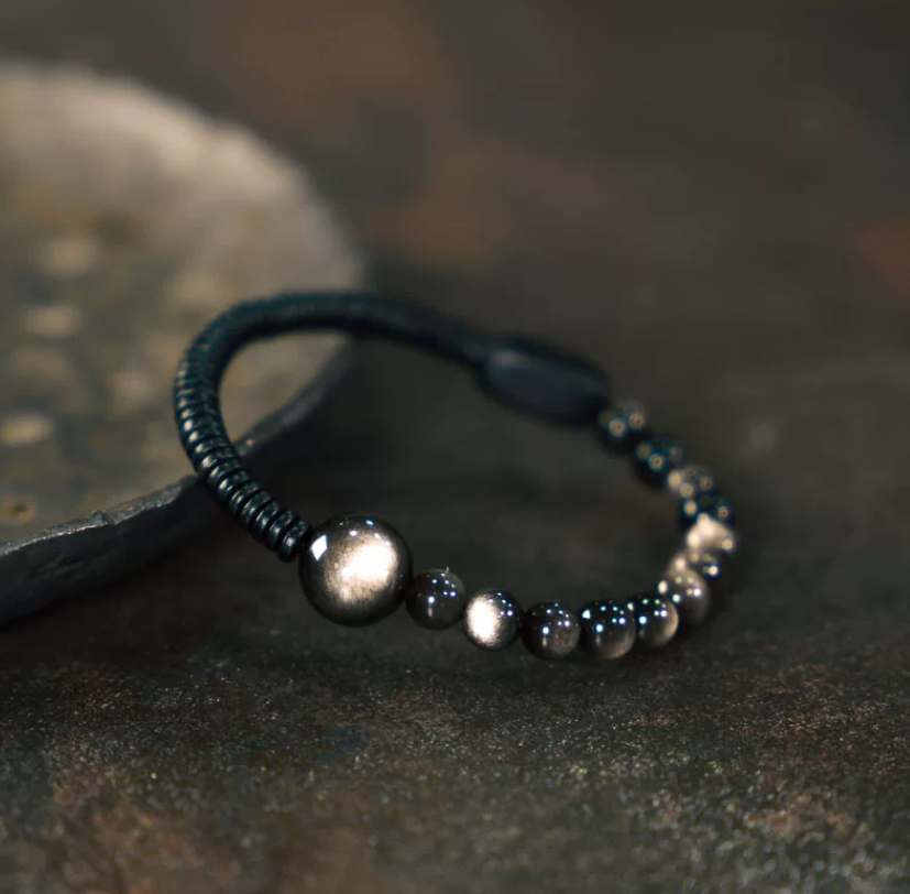 Silver Sheen Obsidian & Black Sandalwood Minimalist Beaded Bracelet - Grounding & Protection