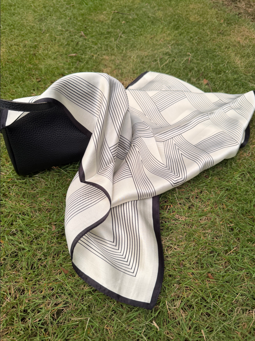 Letter N Monogram Silk Scarf | Minimal Black & White Stripes