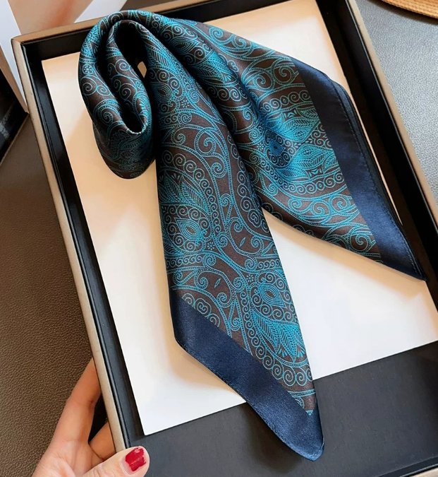 Dark Teal Printed 53x53cm Mulberry Silk Square Bandana Scarf