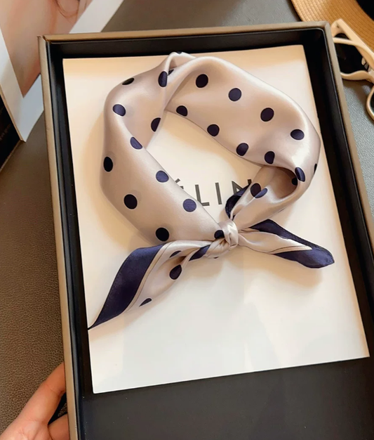 53×53cm Real Silk Polka Dot Small Square Scarf, Two-Tone Navy Dots Neck Scarf Women Fashion Handbag Ribbon Hair Bandana