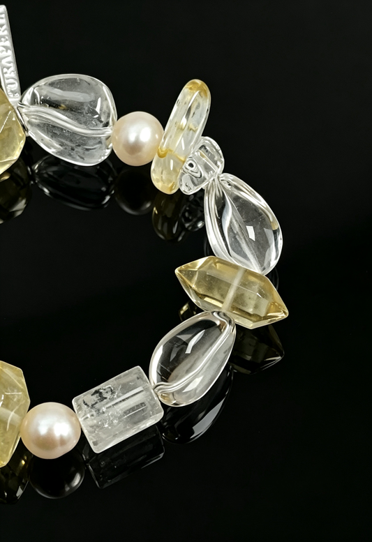 Natural Irregular Citrine & Clear Quartz Bracelet with Pearl, Handmade Energy Crystal Beaded Bracelet for Women