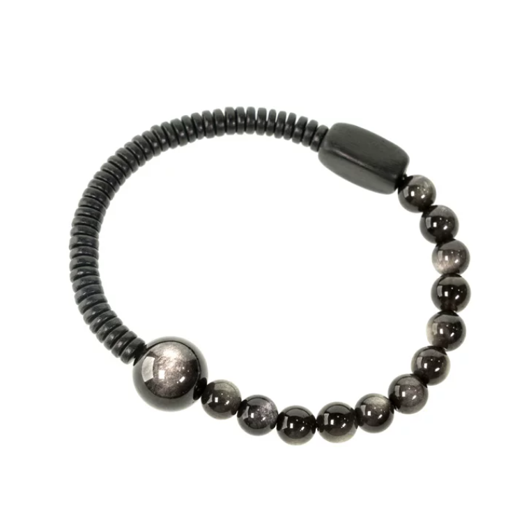 Silver Sheen Obsidian & Black Sandalwood Minimalist Beaded Bracelet - Grounding & Protection