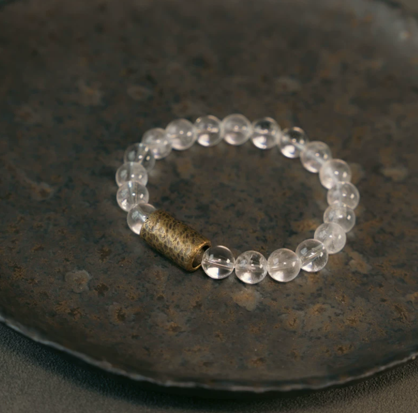 Natural Clear Quartz Beaded Bracelet with Vintage Hammered Bronze Tube, Healing Wisdom Stone Stretch Bracelet for Men Women Daily Jewelry Gift