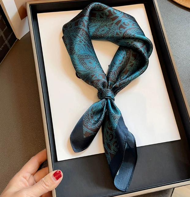 Dark Teal Printed 53x53cm Mulberry Silk Square Bandana Scarf