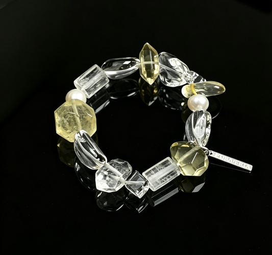Natural Irregular Citrine & Clear Quartz Bracelet with Pearl, Handmade Energy Crystal Beaded Bracelet for Women