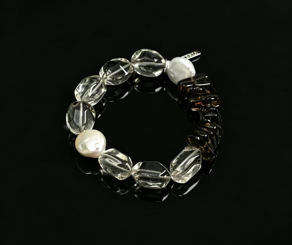 Natural Smoky Quartz Clear Quartz Baroque Pearl Bracelet, S925 Silver Tag Minimal Oriental Crystal Bracelet for Women