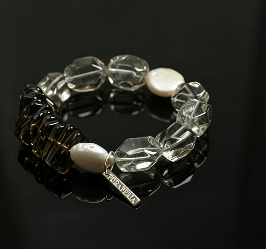 Natural Smoky Quartz Clear Quartz Baroque Pearl Bracelet, S925 Silver Tag Minimal Oriental Crystal Bracelet for Women