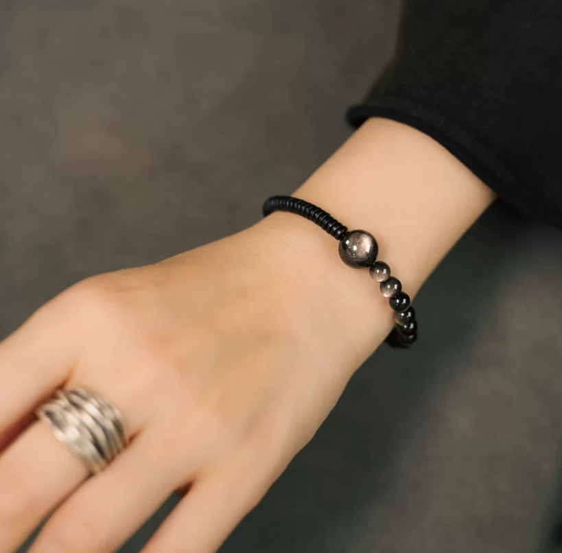 Silver Sheen Obsidian & Black Sandalwood Minimalist Beaded Bracelet - Grounding & Protection