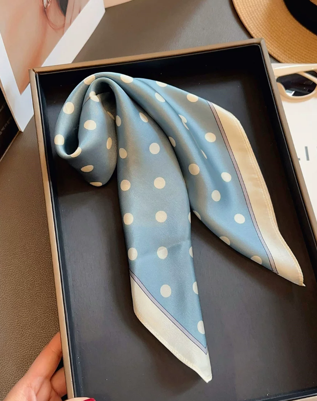 53×53cm Real Silk Polka Dot Small Square Scarf, Two-Tone Navy Dots Neck Scarf Women Fashion Handbag Ribbon Hair Bandana