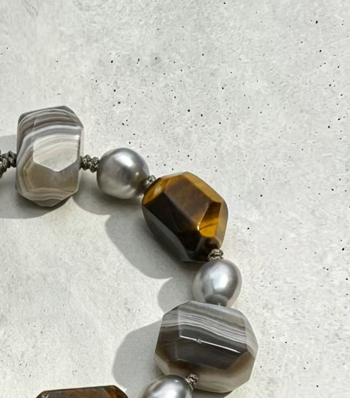 Faceted Golden Tiger Eye & Persian Agate Bracelet with Grey Baroque Pearls, Thai Silver Clasp & Sterling Silver Logo Tag