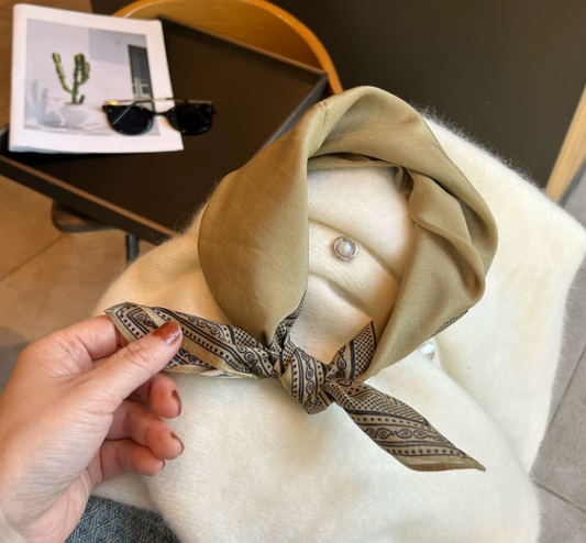 Olive Green Minimalist Silk Scarf - 100% Pure Mulberry Silk Square Scarf