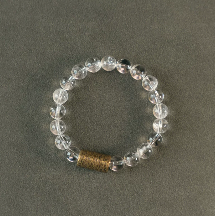 Natural Clear Quartz Beaded Bracelet with Vintage Hammered Bronze Tube, Healing Wisdom Stone Stretch Bracelet for Men Women Daily Jewelry Gift